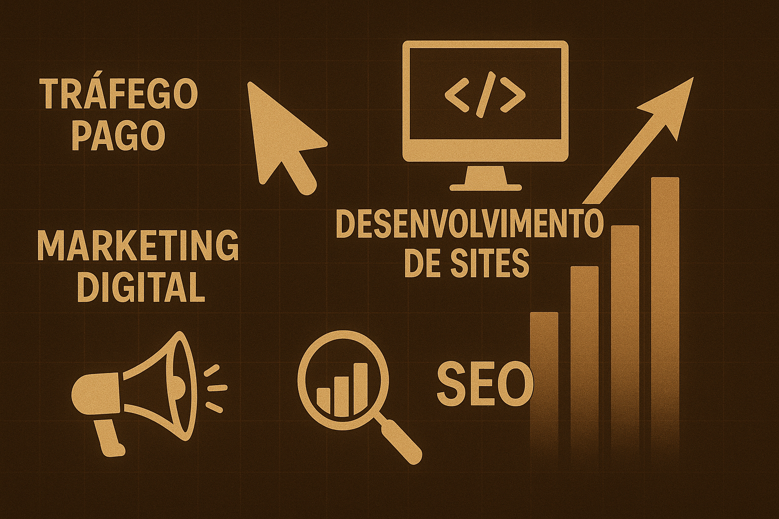 Gráfico com ícones representando Tráfego Pago, Desenvolvimento de Sites, Marketing Digital e SEO, conectados por linhas douradas sobre fundo escuro.